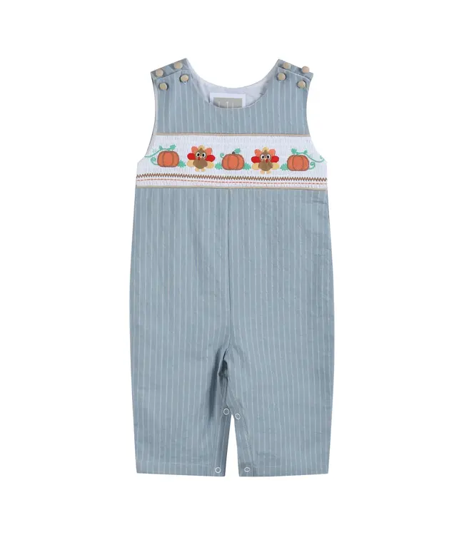 Light Blue Pinstripe Turkey Smocked Overalls