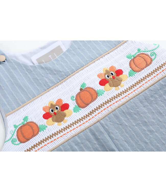 Light Blue Pinstripe Turkey Smocked Overalls