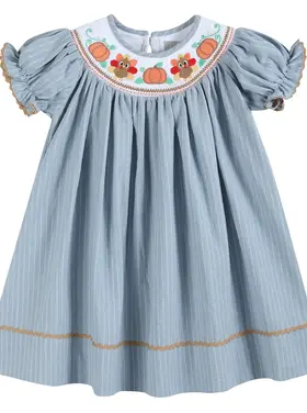 Lil Cactus Light Blue Pinstripe Turkey Smocked Dress