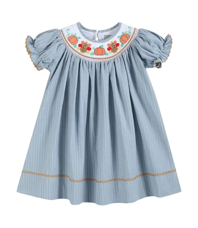 Light Blue Pinstripe Turkey Smocked Dress