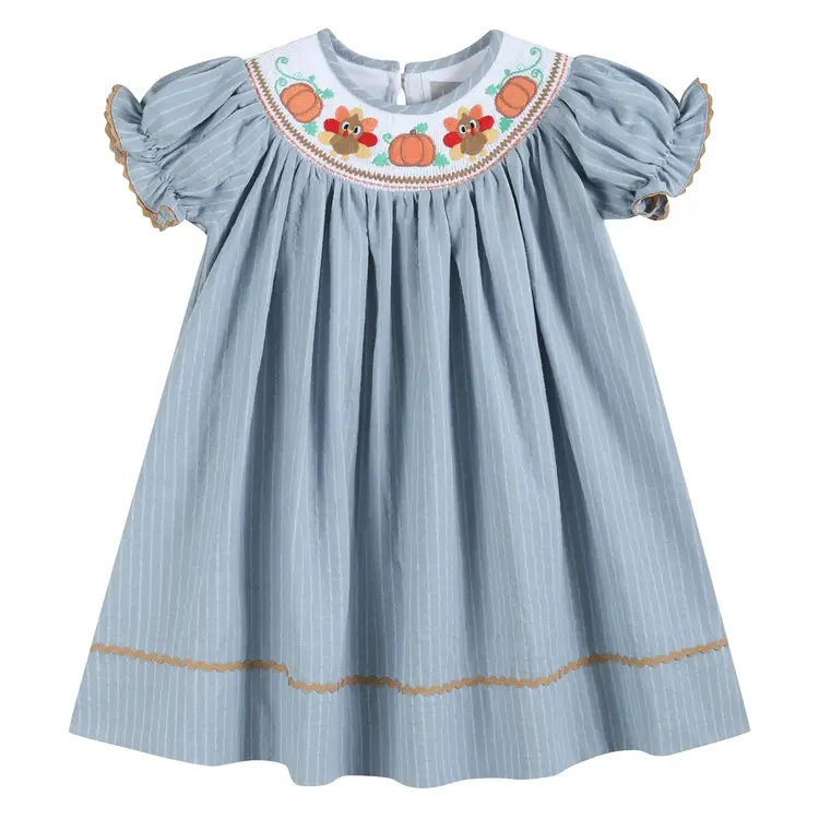 Lil Cactus Light Blue Pinstripe Turkey Smocked Dress