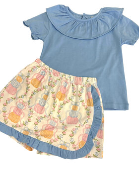 The Oaks Blue Ruffle Shirt w/ Pumpkin Trellis Skort