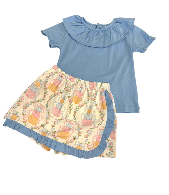 Blue Ruffle Shirt w/ Pumpkin Trellis Skort