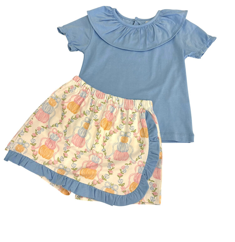The Oaks Blue Ruffle Shirt w/ Pumpkin Trellis Skort