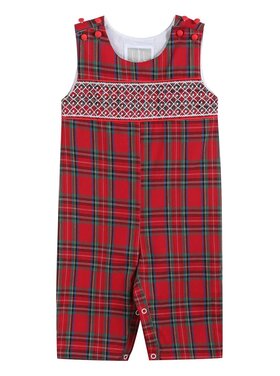 Lil Cactus Red & Green Christmas Plaid Smocked Overalls