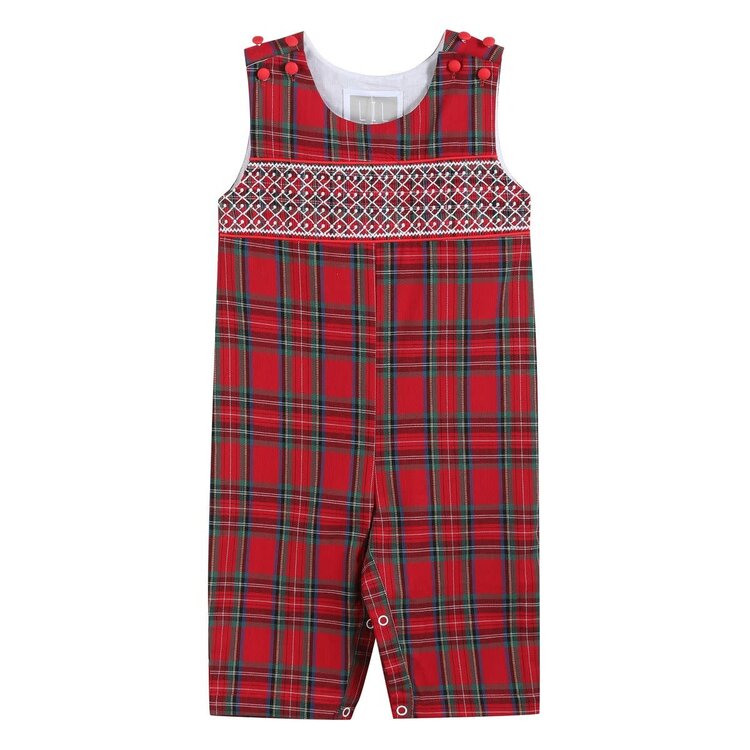 Lil Cactus Red & Green Christmas Plaid Smocked Overalls