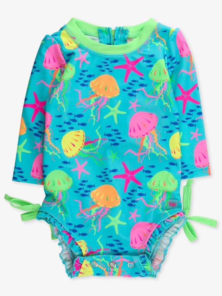 RuffleButts + RuggedButts Neon Jelly Time LS One Piece Rash Guard Swimsuit