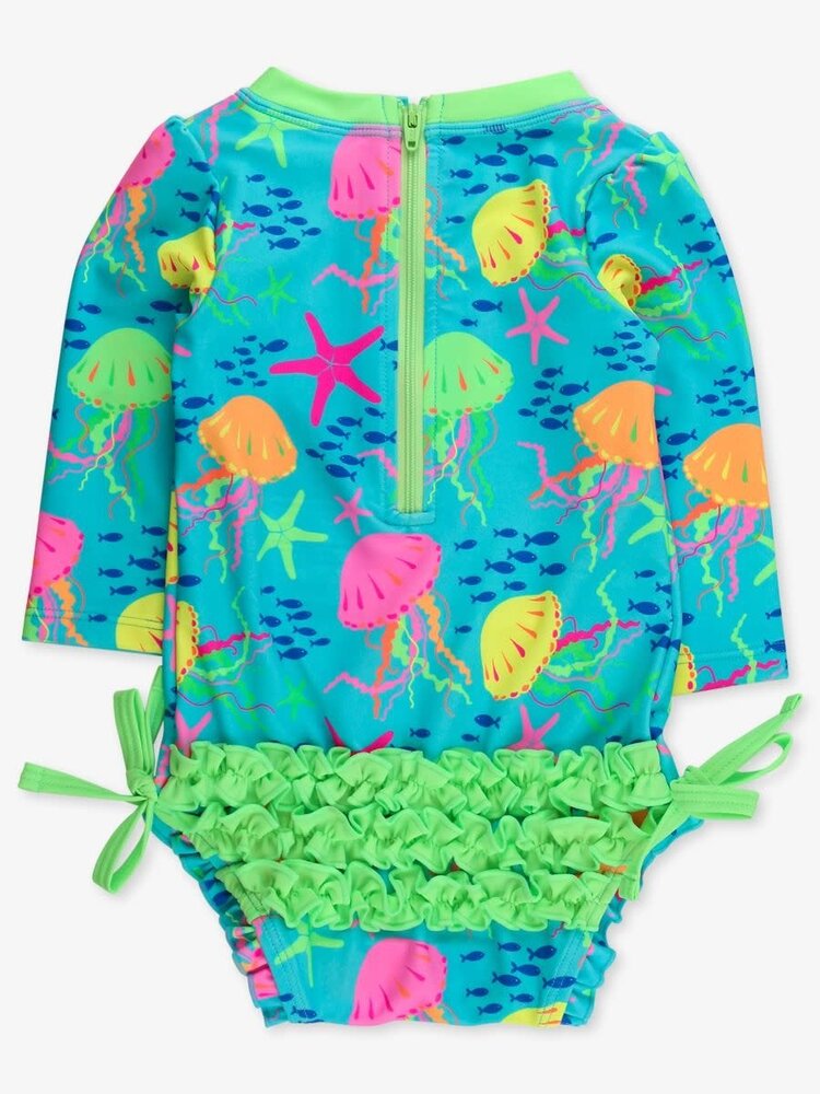 RuffleButts + RuggedButts Neon Jelly Time LS One Piece Rash Guard Swimsuit