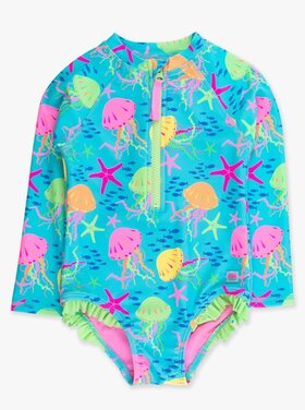 RuffleButts + RuggedButts Neon Jelly Time LS Zipper One Piece Rash Guard
