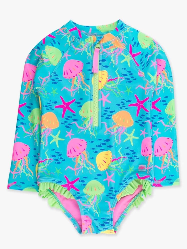 RuffleButts + RuggedButts Neon Jelly Time LS Zipper One Piece Rash Guard