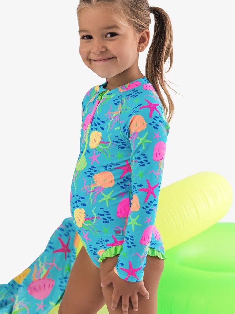 RuffleButts + RuggedButts Neon Jelly Time LS Zipper One Piece Rash Guard