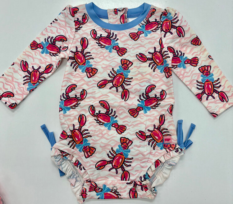 RuffleButts + RuggedButts Pink Lobster Lagoon Rash Guard Swimsuit
