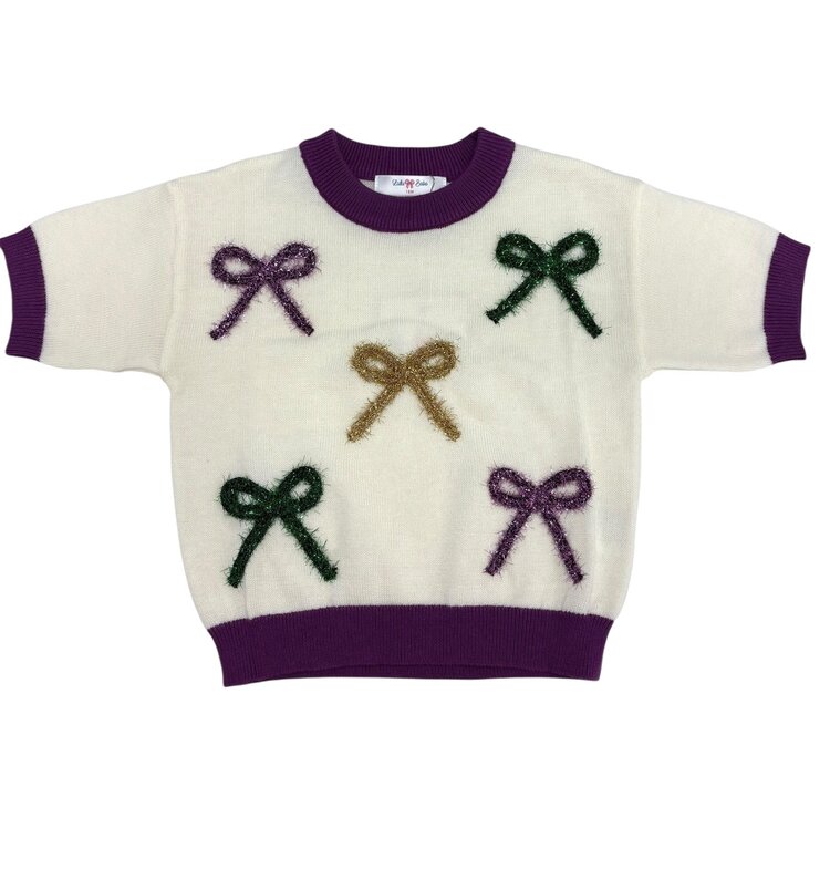 LuLu BeBe Sequin Mardi Gras Print Bows SS Sweater