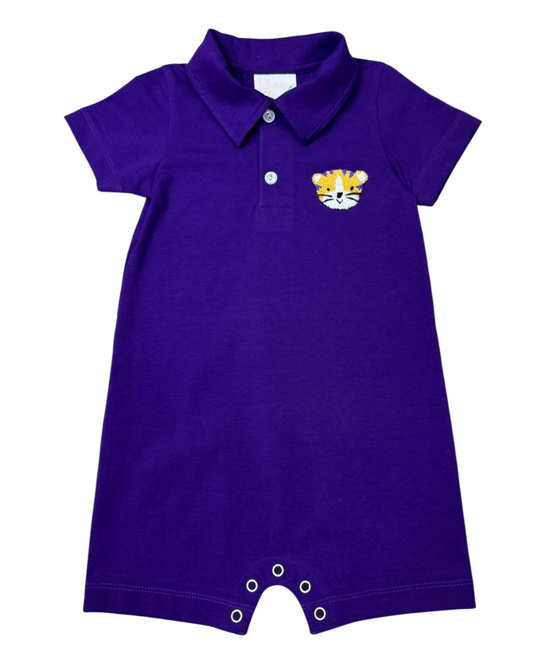 Whimsy Bay Purple & Gold Tiger Polo Romper