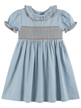Lil Cactus Blue Pinstripe Brown Smocked Ruffle Dress