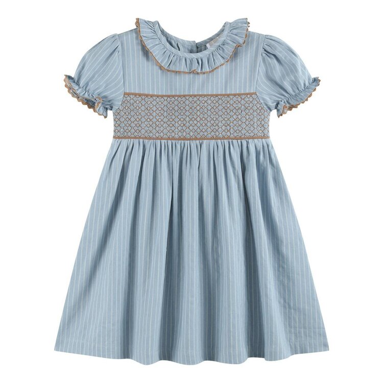 Lil Cactus Blue Pinstripe Brown Smocked Ruffle Dress
