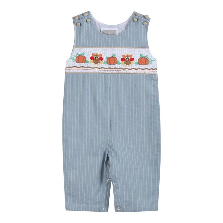 Lil Cactus Light Blue Pinstripe Turkey Smocked Overalls