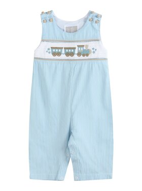 Lil Cactus Blue Gingham Train Smocked Overalls