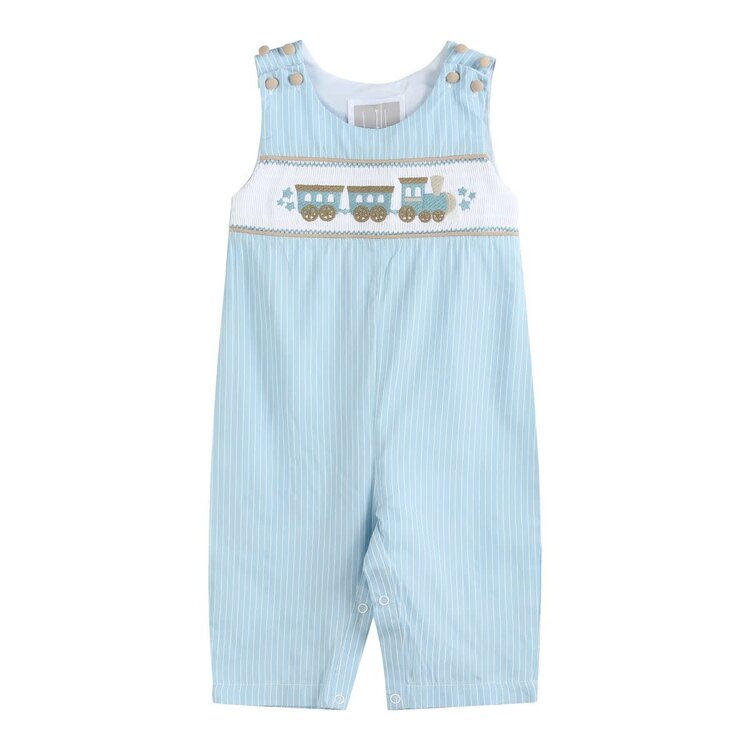 Lil Cactus Blue Gingham Train Smocked Overalls