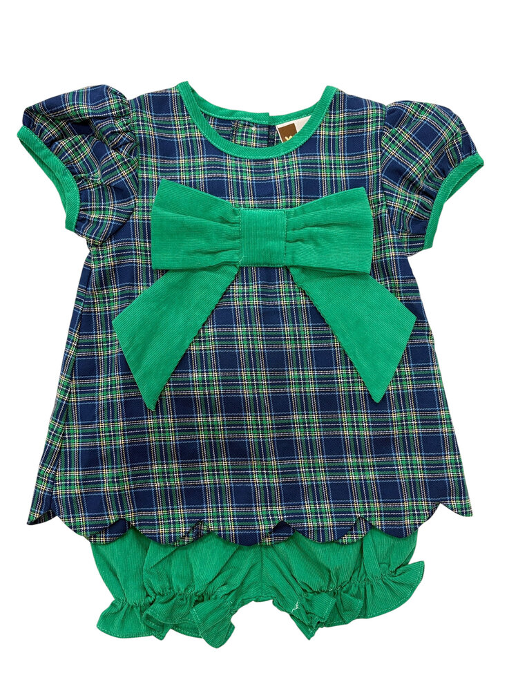 Banana Split Mia Bow Bloomer Set, Green/Navy Plaid