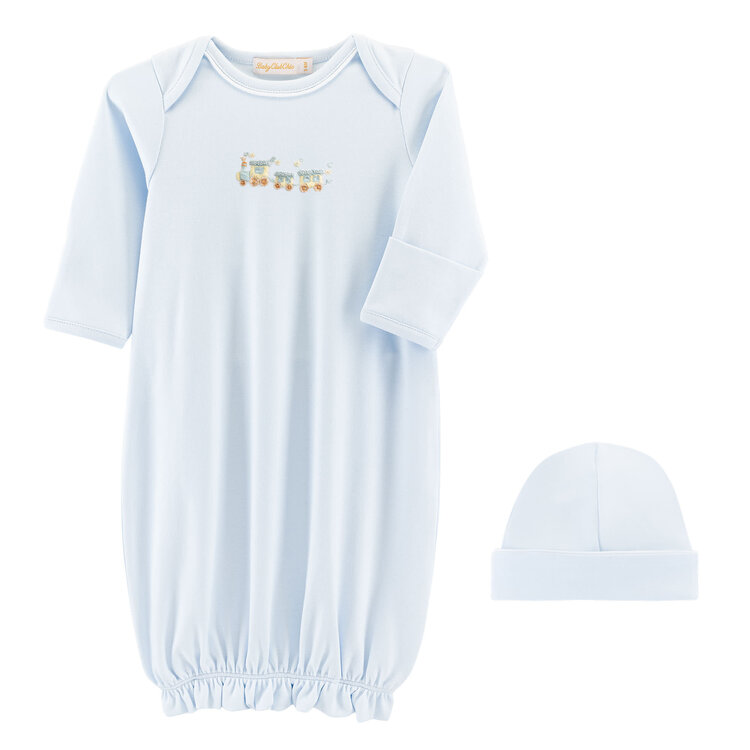 Baby Club Chic Little Train Embroidered Gown & Hat Set