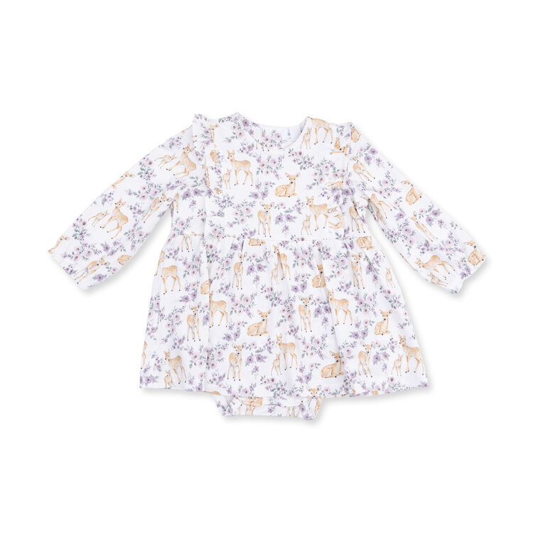 Angel Dear Floral Deer LS Ruffle Bodysuit Dress