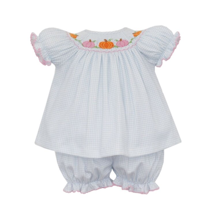 Petit Bebe Pumpkin Blue Gingham Bishop Bloomer Set
