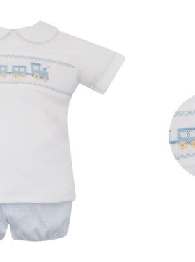Petit Bebe Train Light Blue Check  Diaper Set