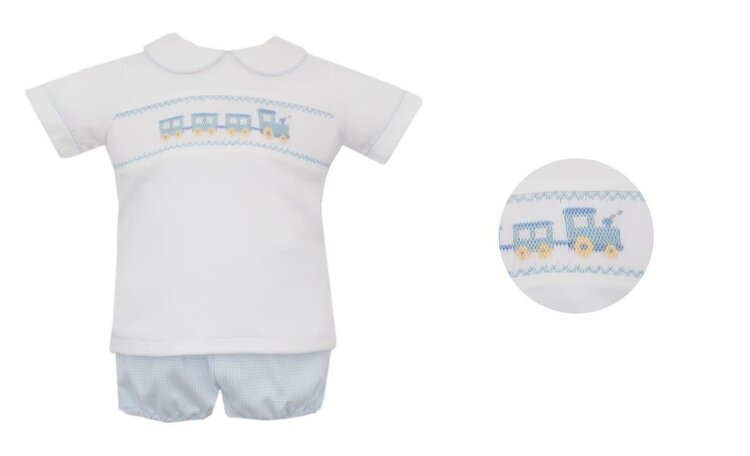 Petit Bebe Train Light Blue Check  Diaper Set