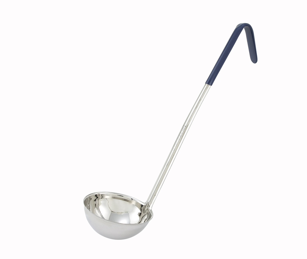 Winco Ladle, S/S, One-Piece, 8 oz, Blue Handle