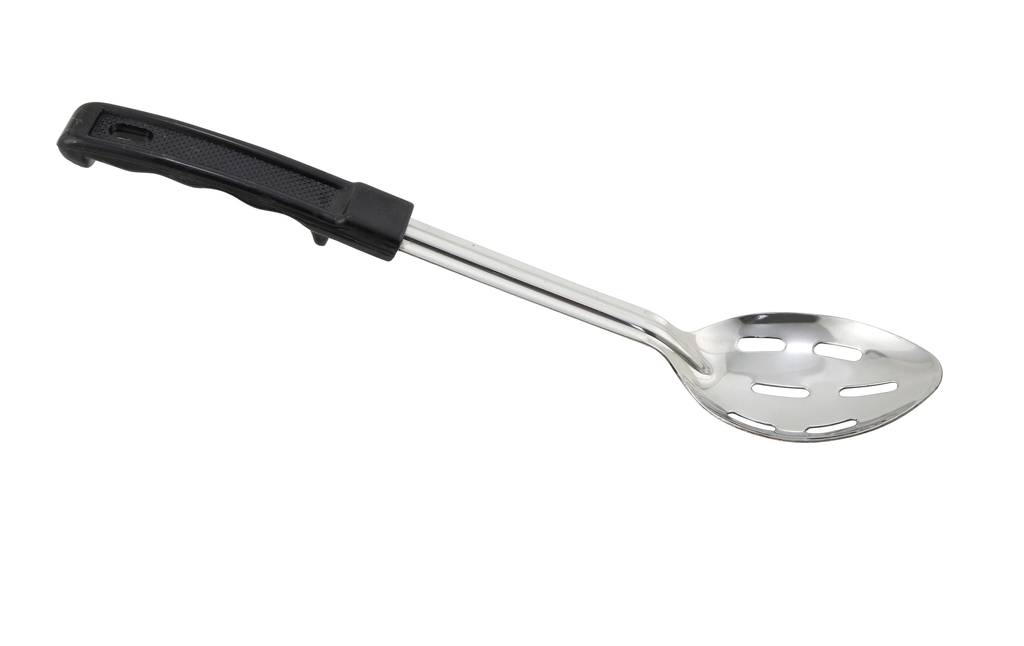 Winco Basting Spoon, S/S, Slotted, Black Handle, Stop Hook, 11"