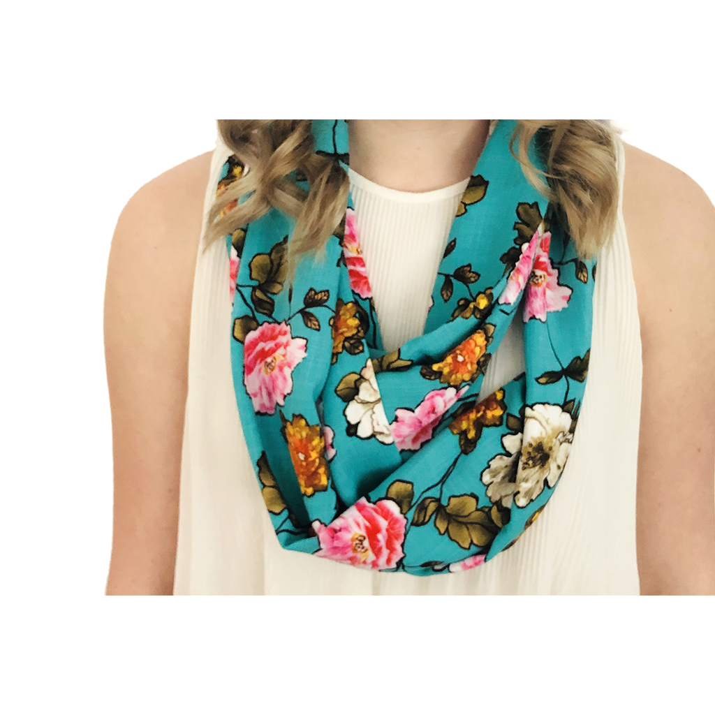 BALUCHON FOULARD INFINI TURQUOISE MOTIFS FLEURS