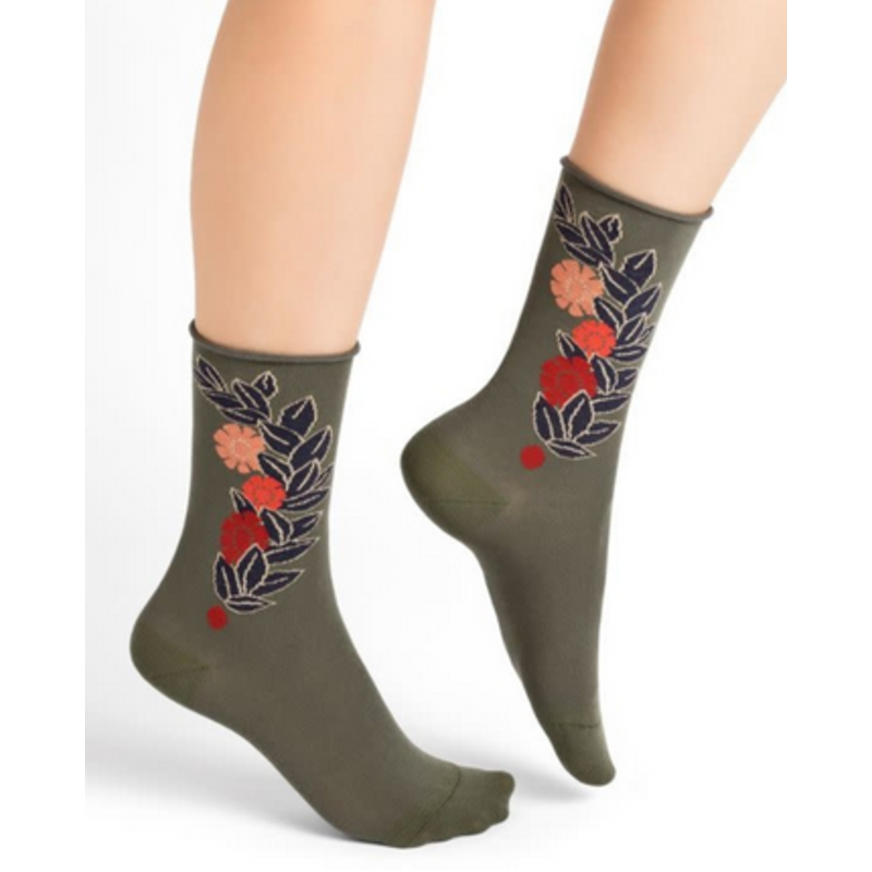 BLEU FORÊT BLEU FORET CHAUSSETTES VELOUTE FLEURS 30'S KAKI