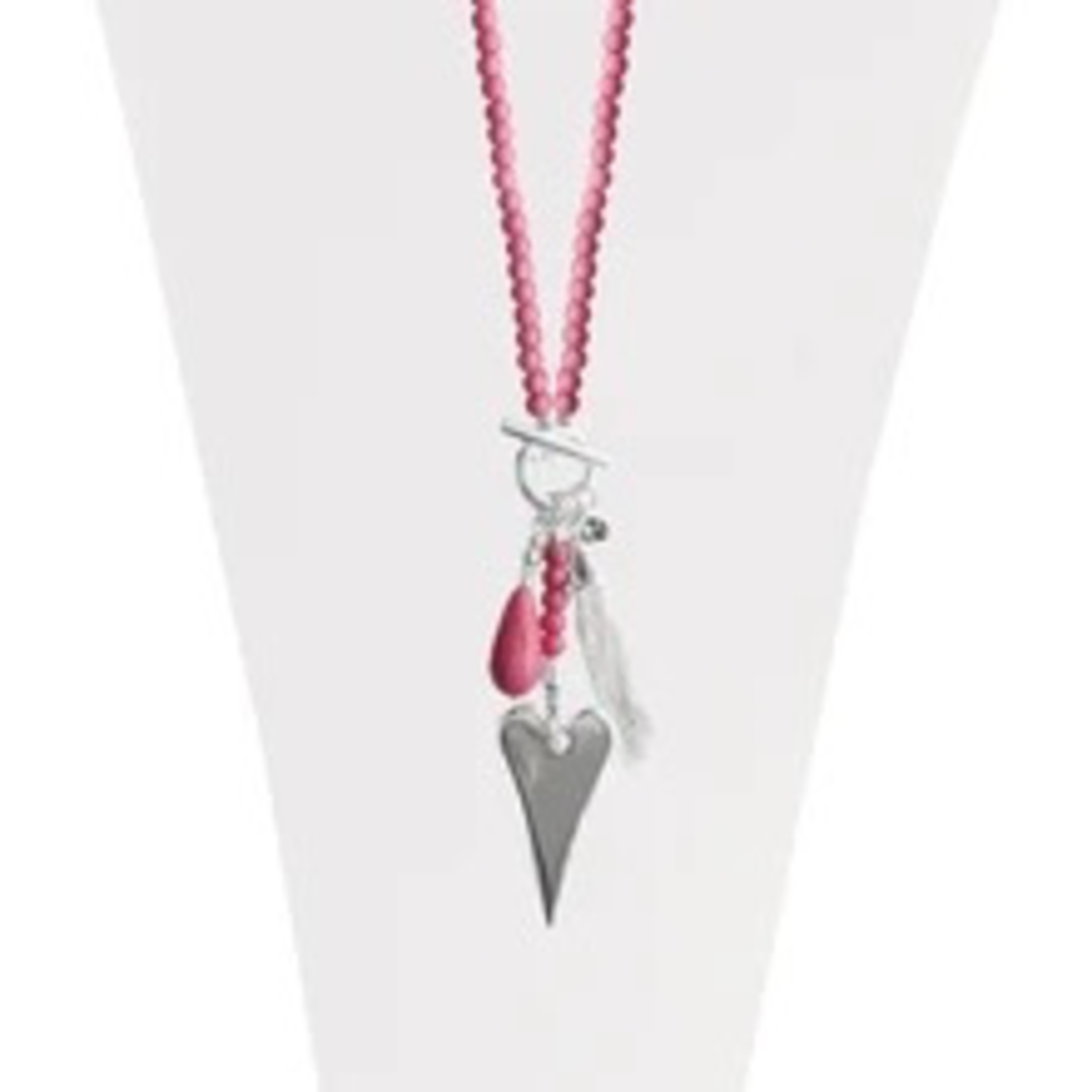 CARACOL CARACOL SAUTOIR BILLES PENDENTS COEUR METAL/CRISTAL CORAIL