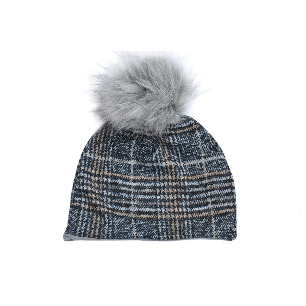 BALUCHON BALUCHON TUQUE POMPON IMMITATION FOURRURE PLAID BLEU