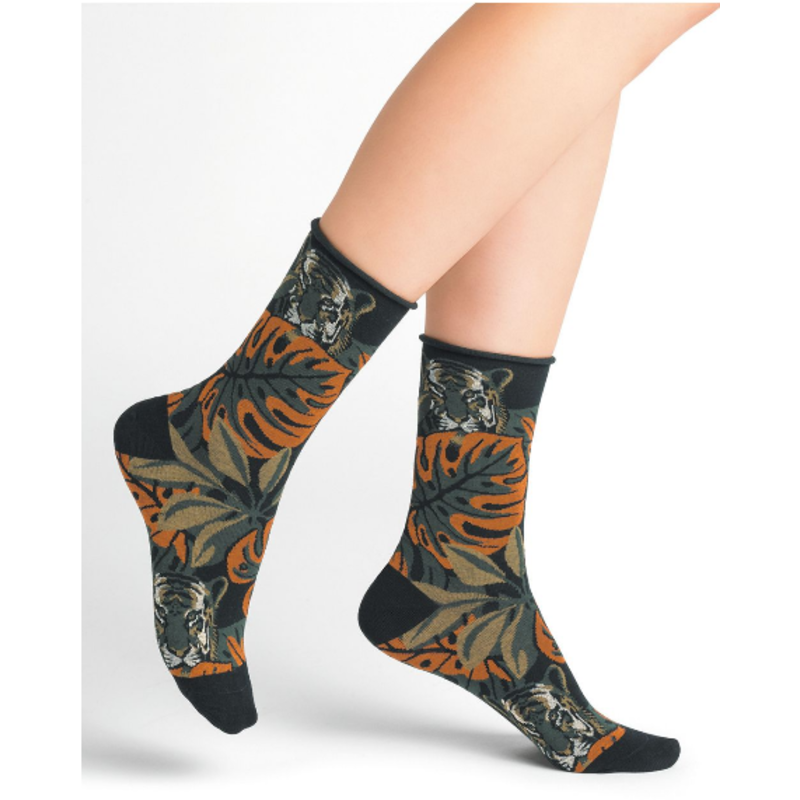 BLEU FORÊT BLEU FORET CHAUSSETTE VELOUTE TIGRE NOIR