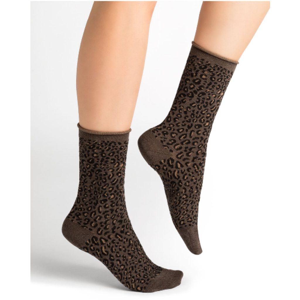 BLEU FORÊT BLEU FORET CHAUSSETTE LAINE VELOUTE LEOPARD BEIGE