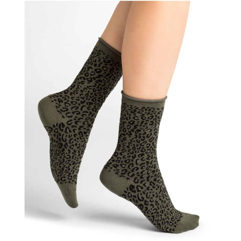 BLEU FORET CHAUSSETTE LAINE VELOUTE LEOPARD SAUGE