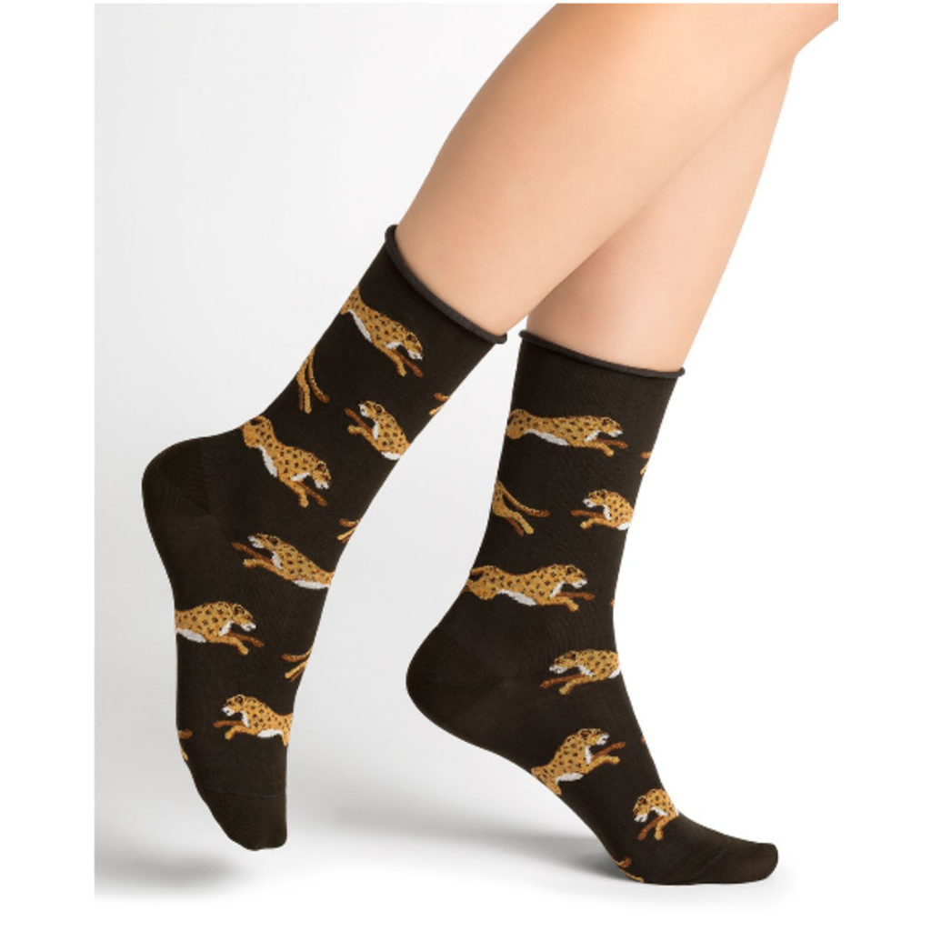 BLEU FORÊT BLEU FORET CHAUSSETTE VELOUTE PANTHERES KAKI PROFOND