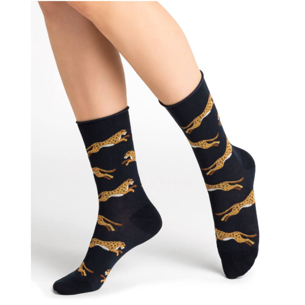 BLEU FORÊT BLEU FORET CHAUSSETTE VELOUTE PANTHERES MARINE