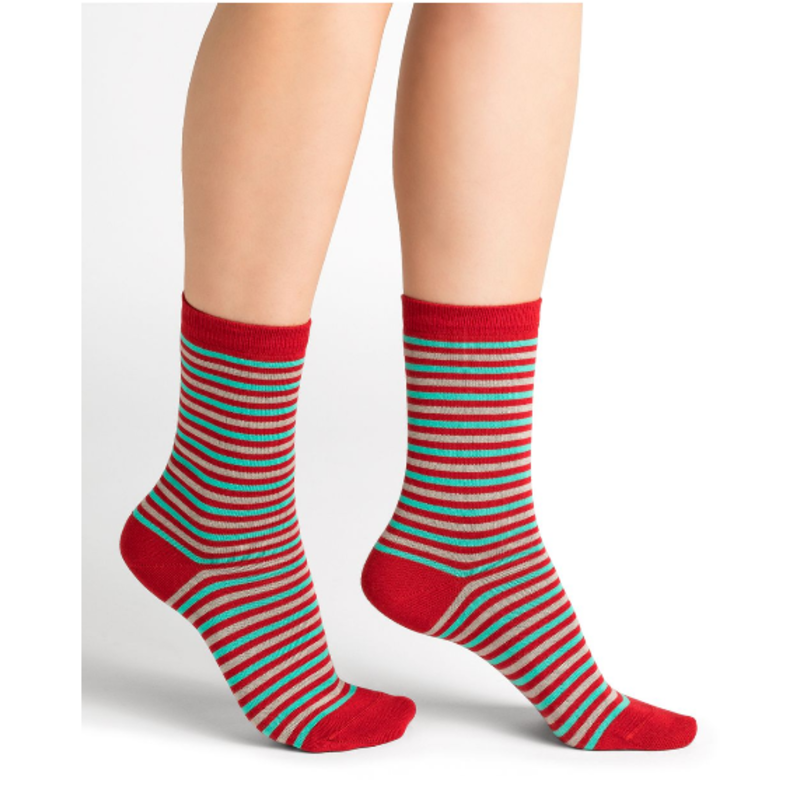 BLEU FORET CHAUSSETTE MICROMODAL CACHEMIRE RAYURES ROUGE