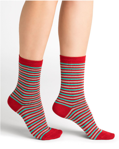 BLEU FORÊT BLEU FORET CHAUSSETTE MICROMODAL CACHEMIRE RAYURES ROUGE
