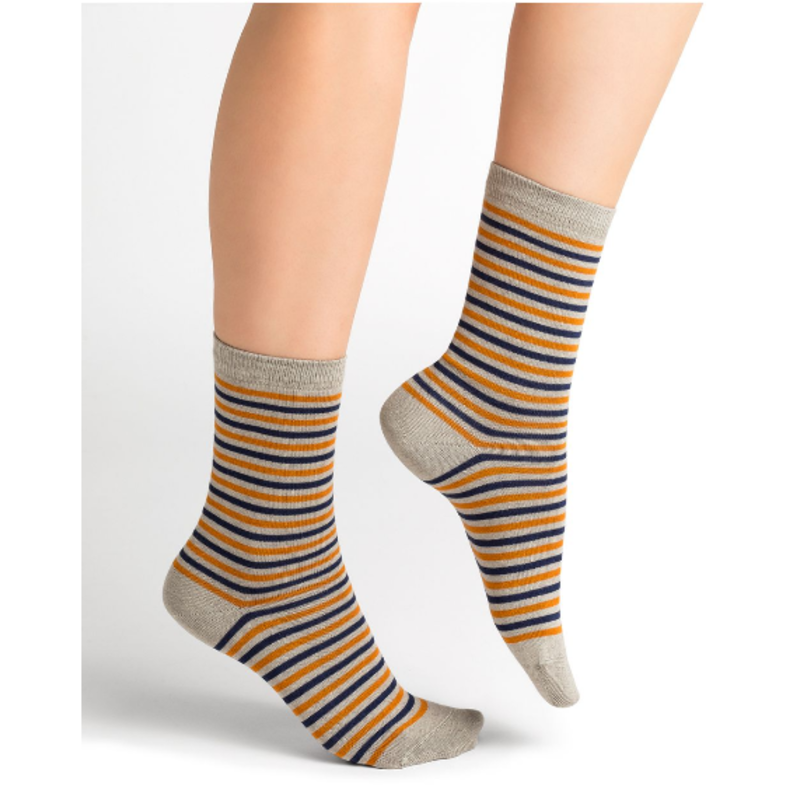 BLEU FORÊT BLEU FORET CHAUSSETTE MICROMODAL CACHEMIRE RAYURES GRIS