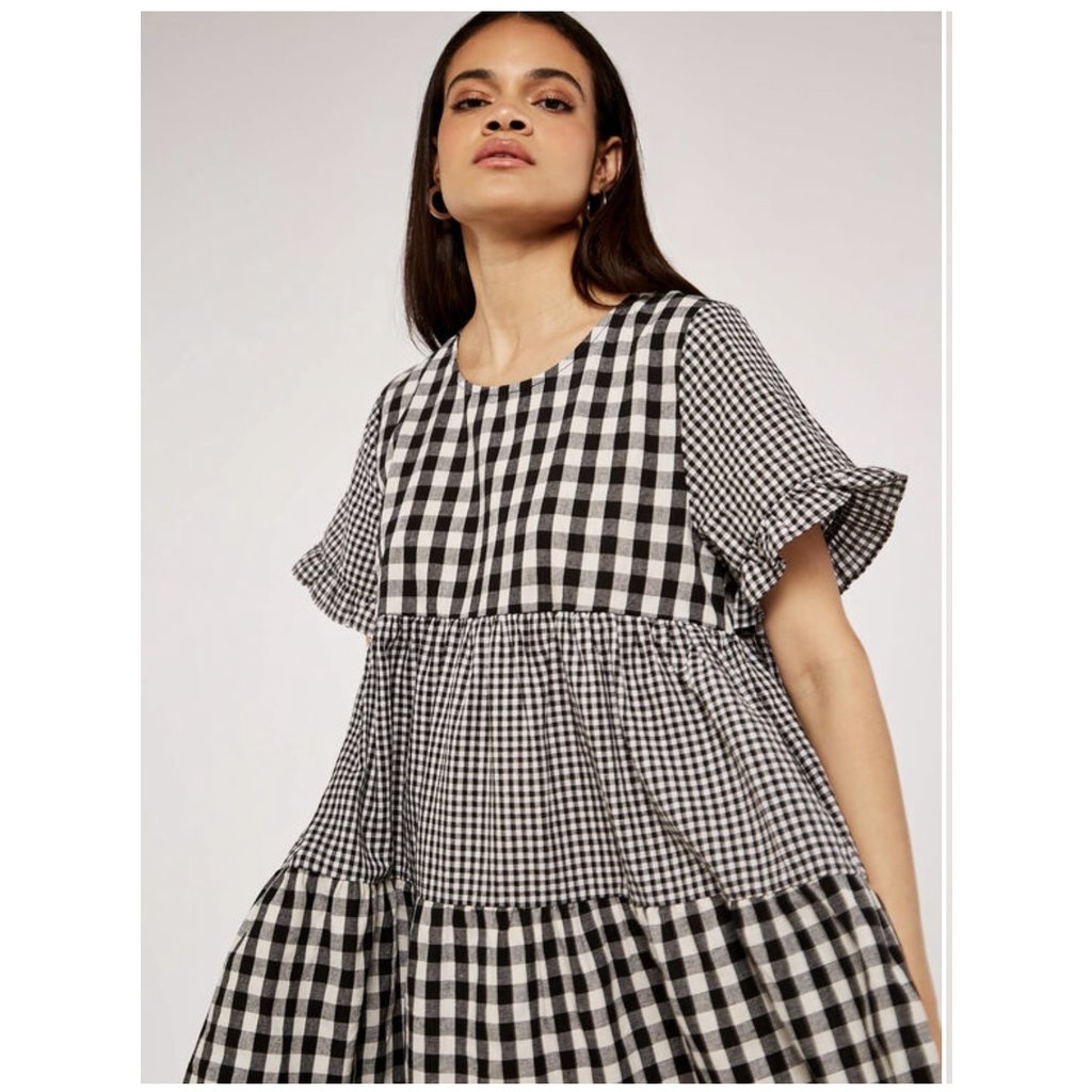 APRICOT APRICOT ROBE MIXED GINGHAM CARREAUX NOIR ET BLANC