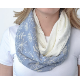 BALUCHON BALUCHON FOULARD INFINI MOITIE MOITIE BRODERIES ET FLEURS BLEU