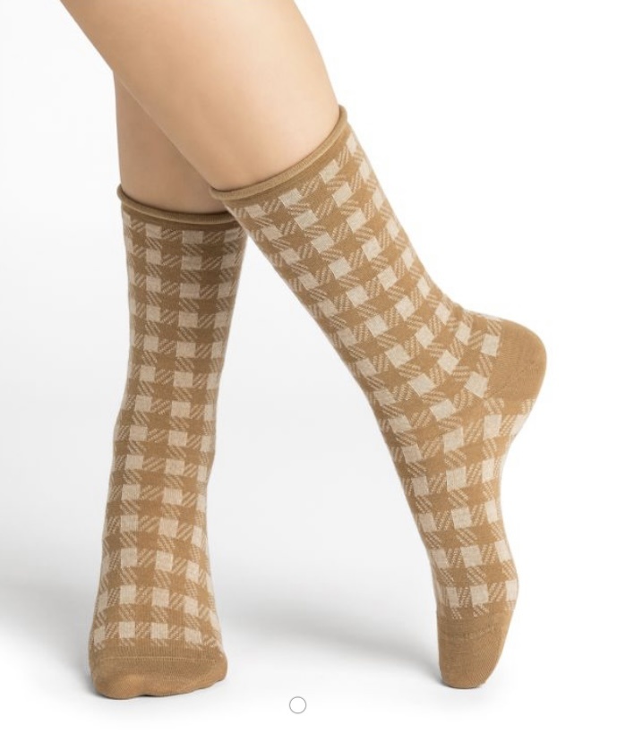 BLEU FORÊT BLEU FORET CHAUSSETTE LAINE FINE DAMIER FAUVE