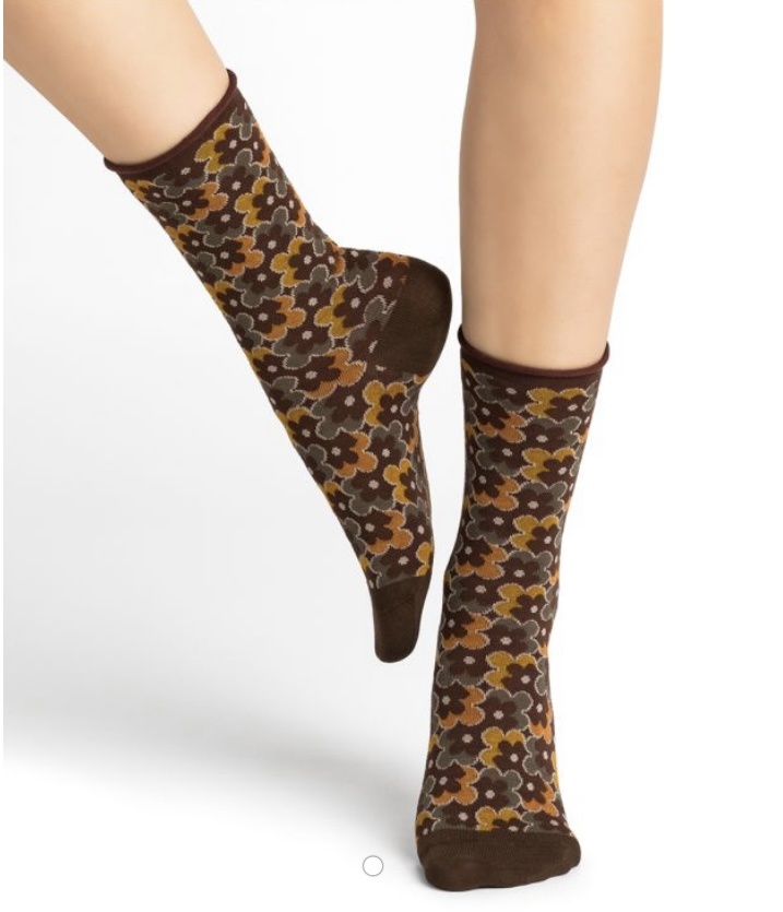 BLEU FORÊT BLEU FORET CHAUSSETTE VELOUTE FLEURS POP MARRON
