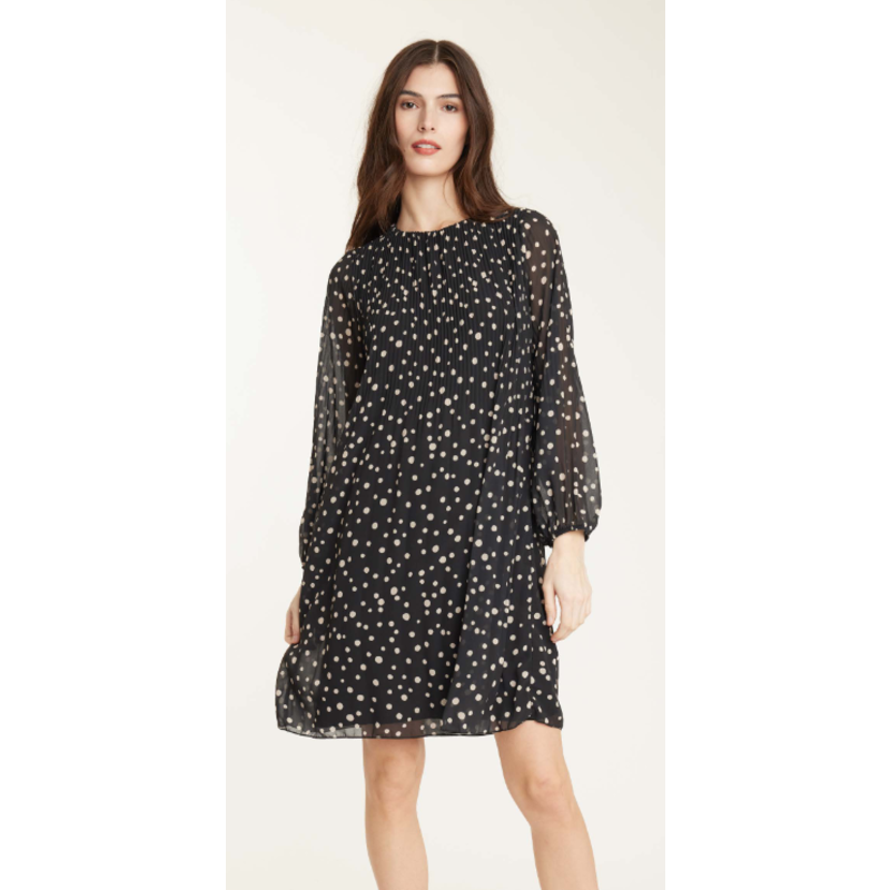 PISTACHE PISTACHE GEORGETTE PLEATED DOTS DRESS BLACK/CREAM