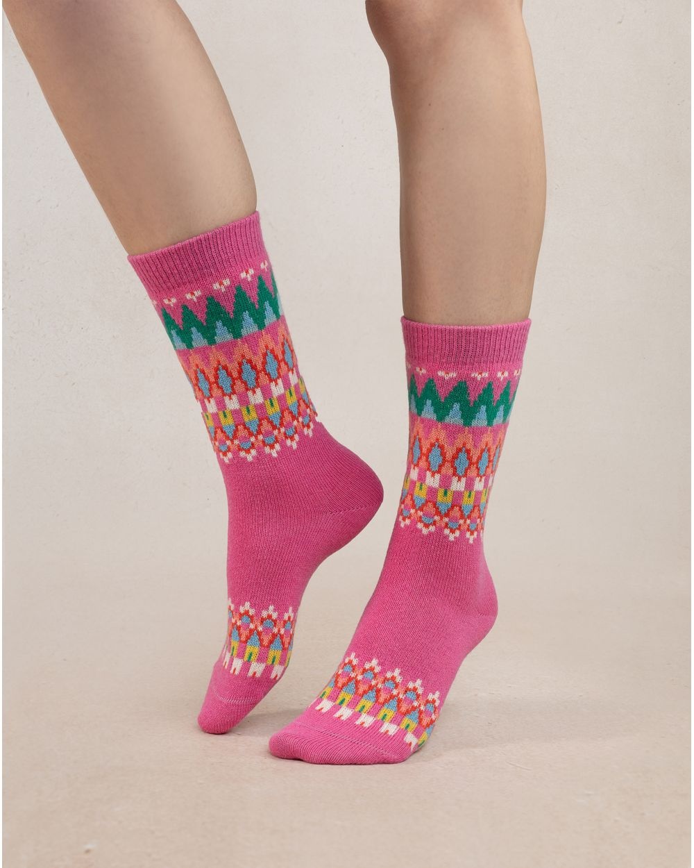 BLEU FORET CHAUSSETTE CACHEMIRE JACQUARD ROSA