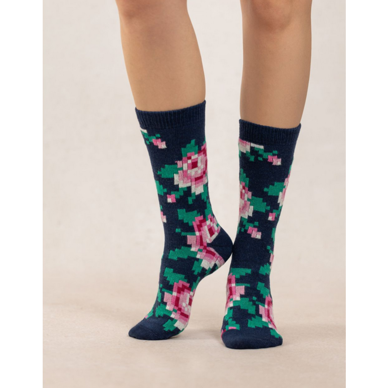 BLEU FORÊT BLEU FORET CHAUSSETTE CACHEMIRE FLEURS PIXELS MIRAL